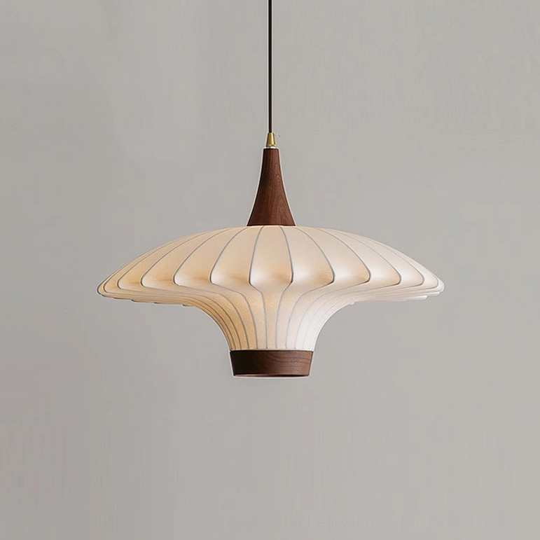 Small Parasol pendant light in walnut and white finish, suitable for intimate dining and study spaces