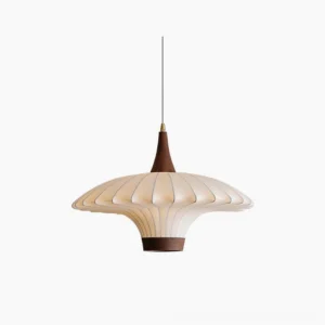 Parasol pleated pendant light with walnut wood base hanging against white background, showcasing sculptural umbrella-shaped fabric design