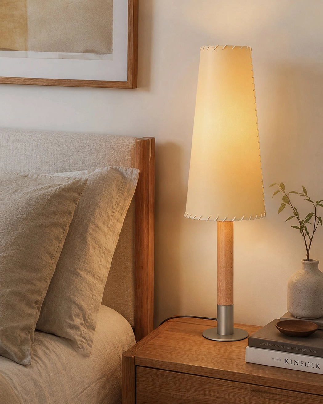 Floor lamp stem and shade close-up showing parchment fabric quality and wood grain