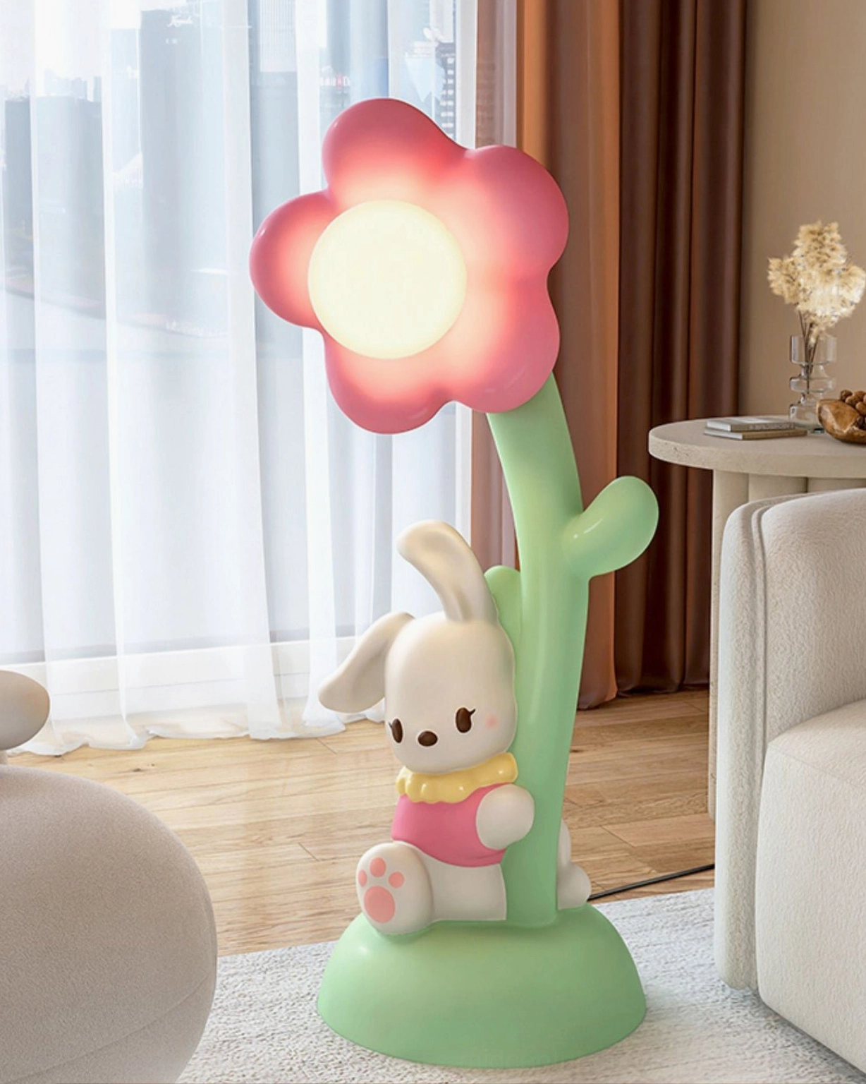 Pastel pink and green bunny floor lamp full view showing G9 socket compatibility and LED bulb design