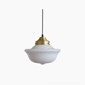 Pathson mid-century pendant light with opal glass shade and brass fixture, front view on white background