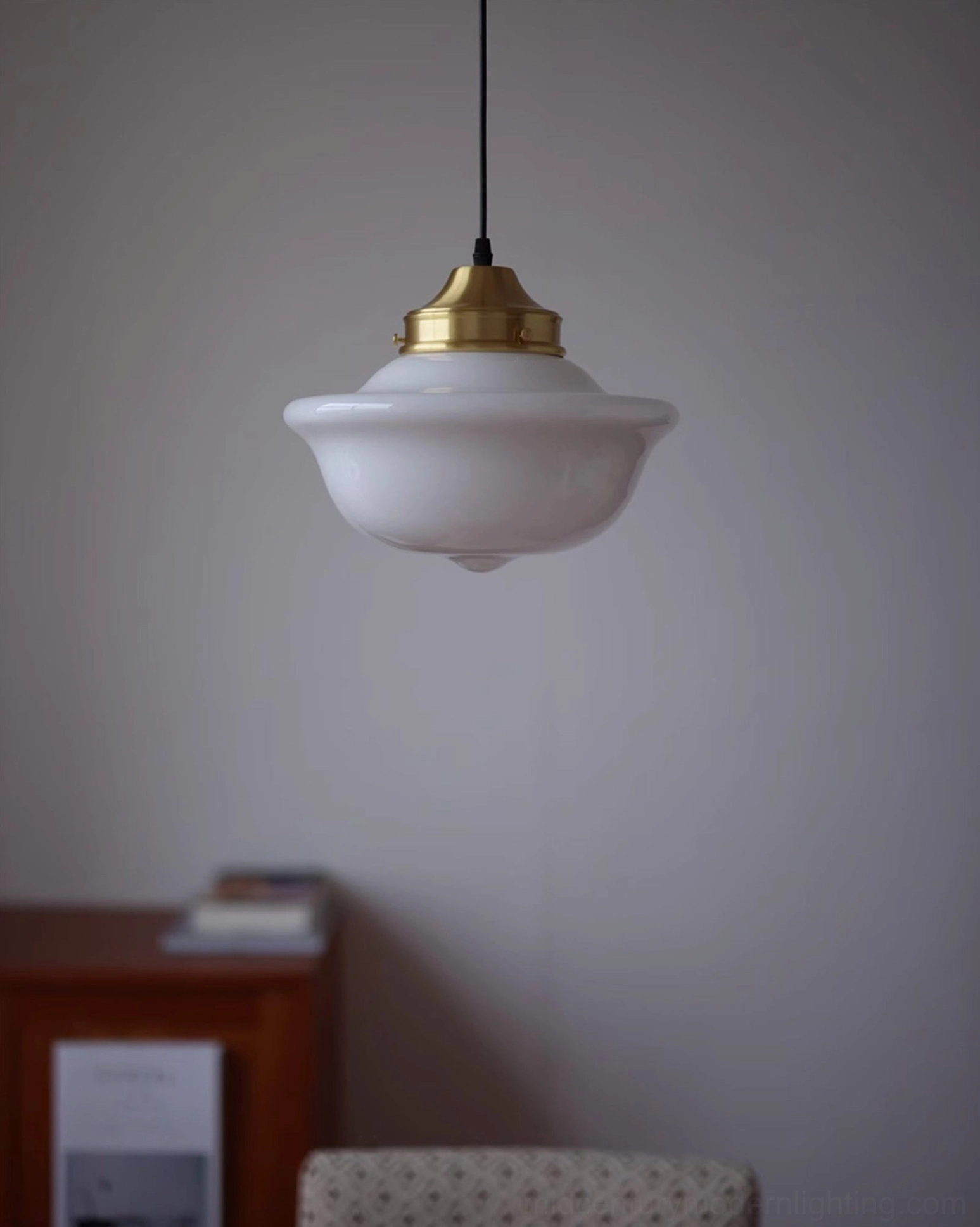 Pathson mid-century pendant light viewed from above in minimalist home interior setting