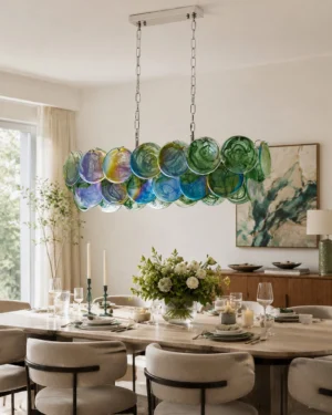 Pavone long pendant light in formal dining room above rectangular table, green-blue gradient glass discs creating ambient illumination