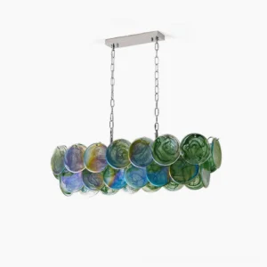 Pavone linear glass chandelier with blue-green marbled hand-struck glass discs and silver metal framework - studio product shot