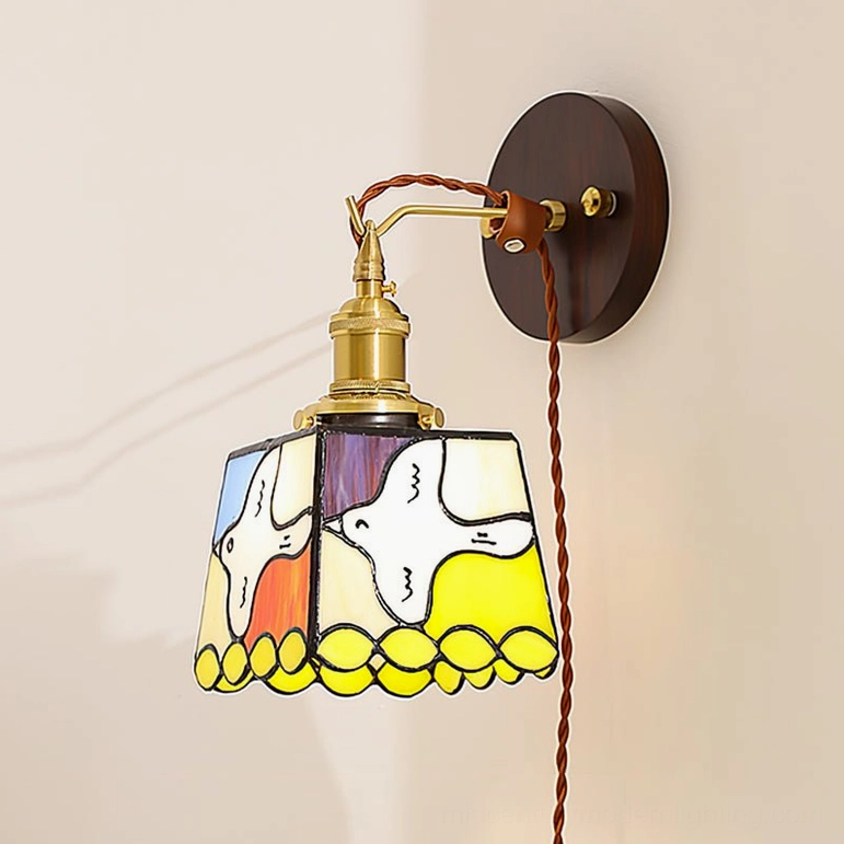 Peace dove plug-in wall lamp model detail showing stained glass shade construction and electrical assembly components