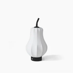 Pear cordless table lamp with cream linen shade and black metal base, front view studio shot