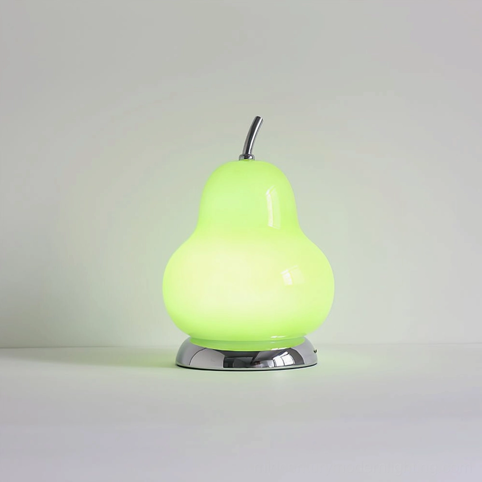 Pear-shaped glass ambient table lamp with integrated LED, front flat view showcasing elegant teardrop silhouette