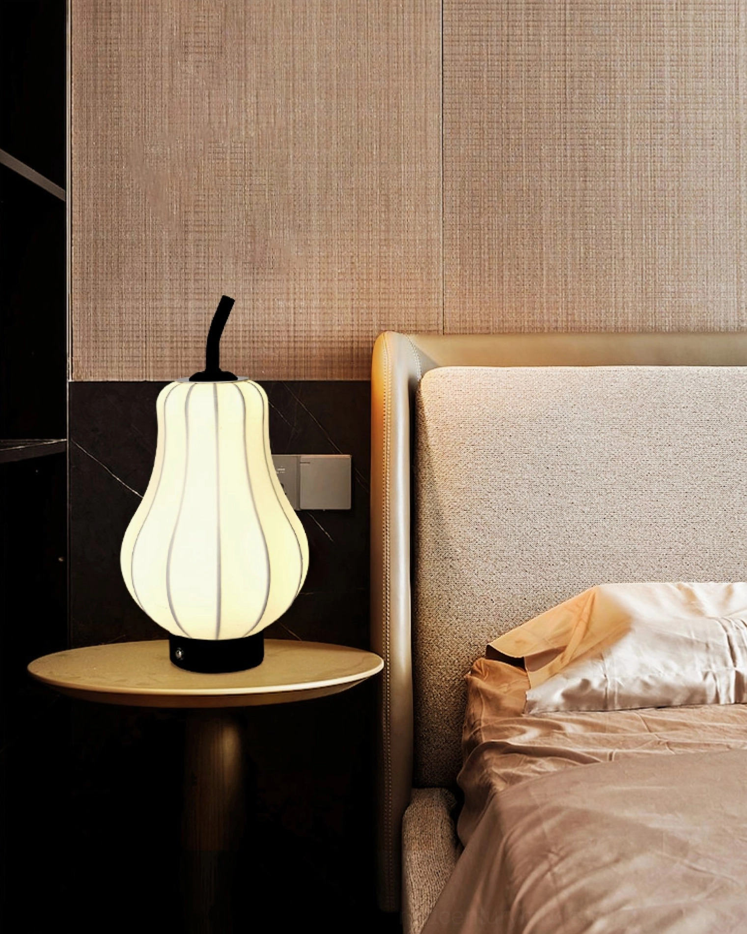 Pear USB rechargeable table lamp detail shot showing cream linen shade texture