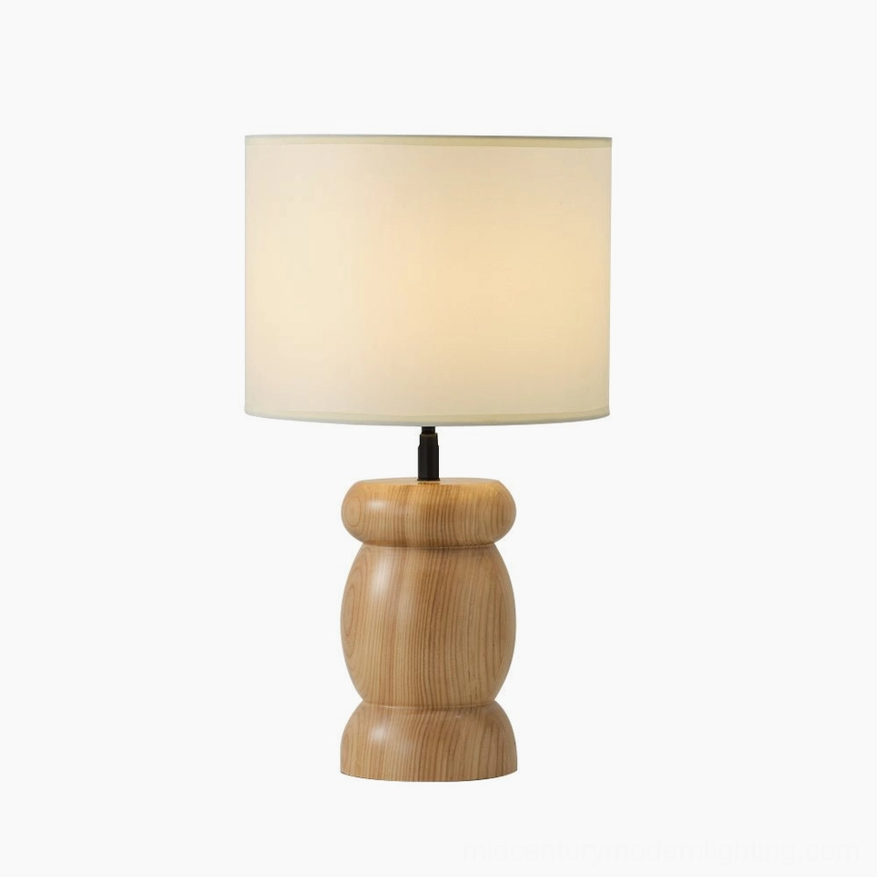 Pebble wood table lamp natural wood and white finish, complete product view, E26 E27 compatible bulb, universal voltage