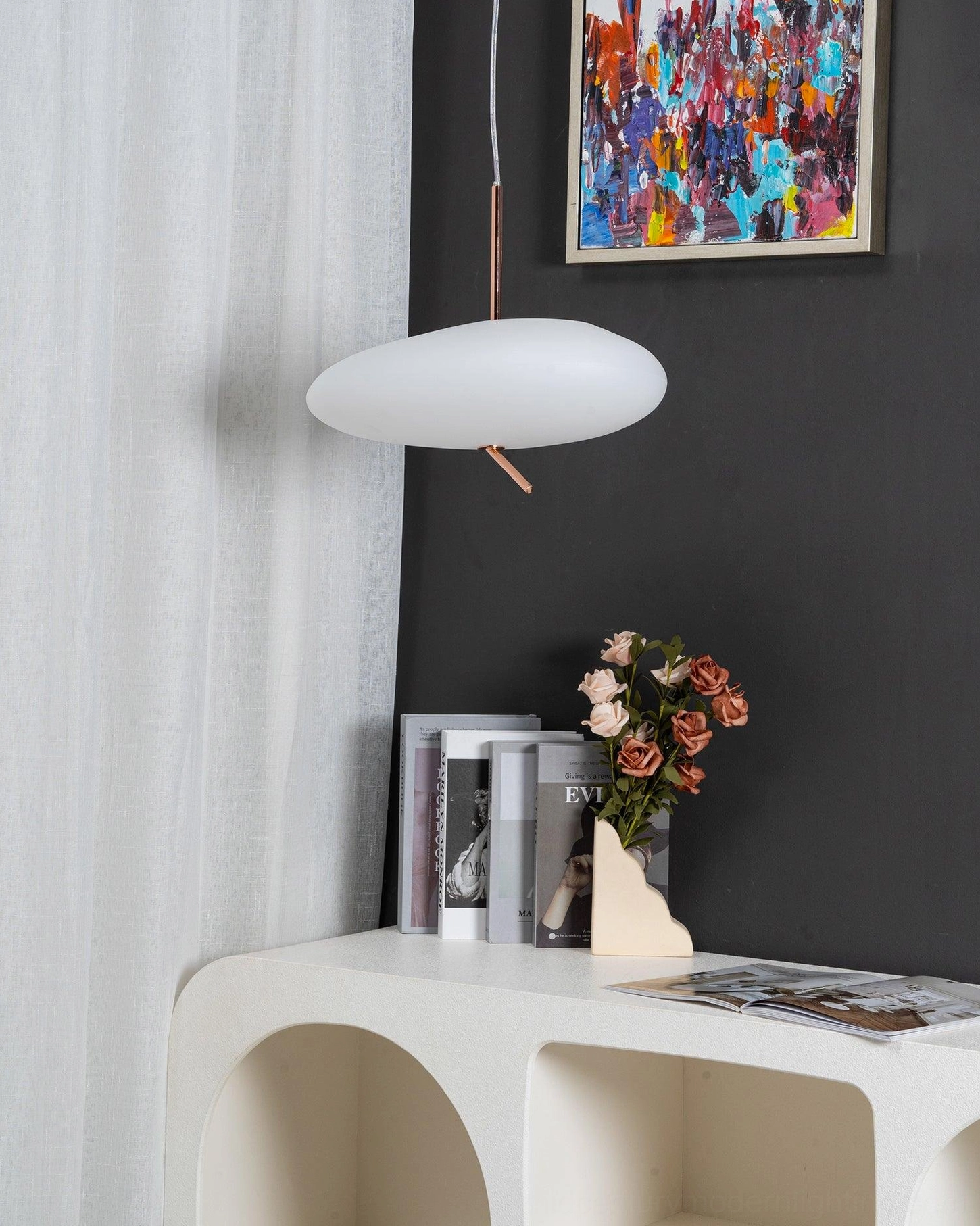 Pebbles pendant light full product view with white acrylic shade and rose gold metal finish combination