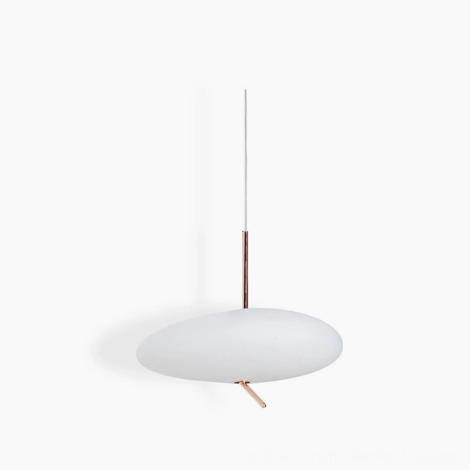 Pebbles pendant light studio shot with white frosted acrylic shade and copper rose gold metal hardware, minimalist nordic design