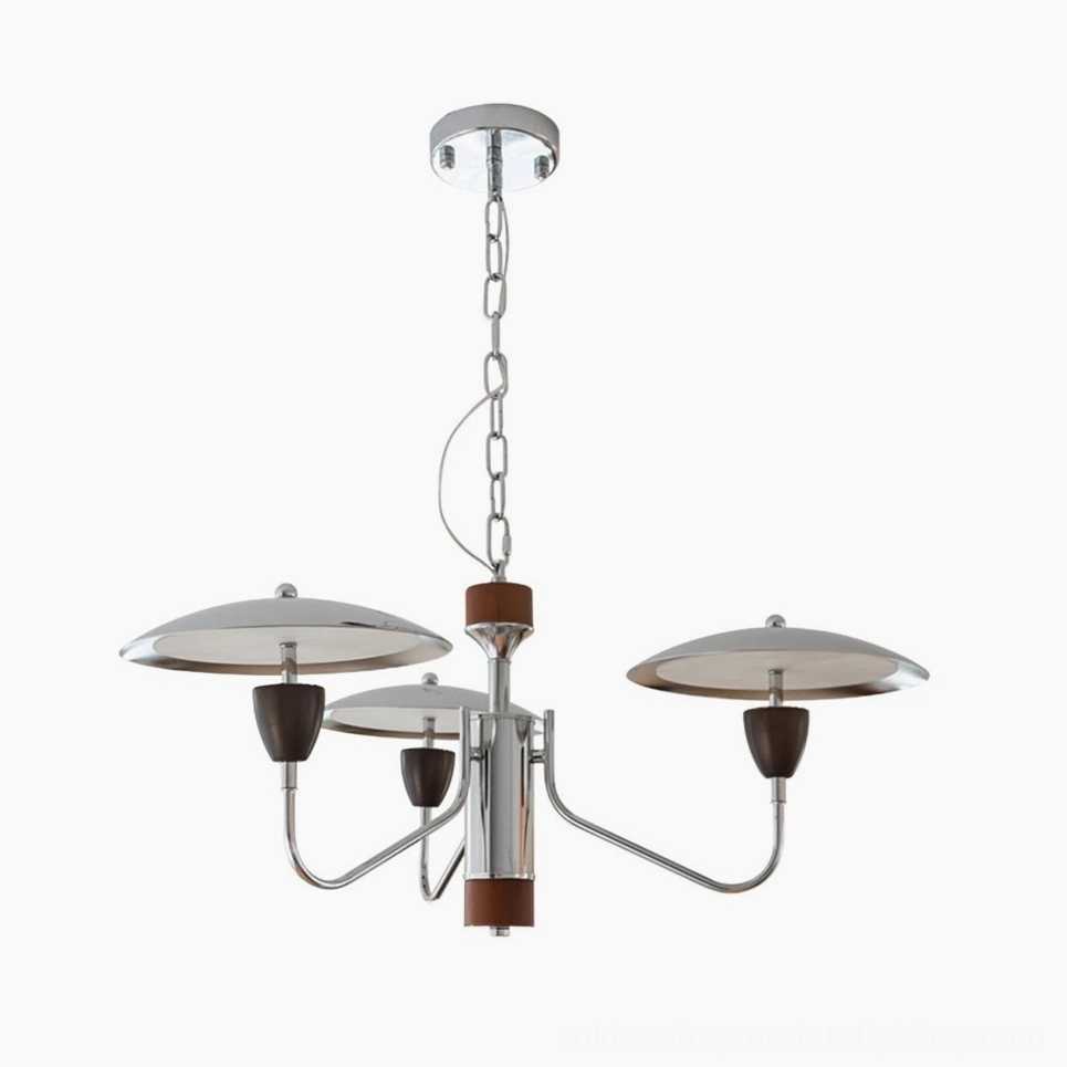 Peggy 3-head chrome and walnut wood chandelier, full product view showcasing 65cm diameter mid-century modern fixture