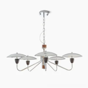 Peggy mid-century modern 5-head chrome chandelier with walnut wood center, overhead studio view showing polished chrome arms and frosted glass shades