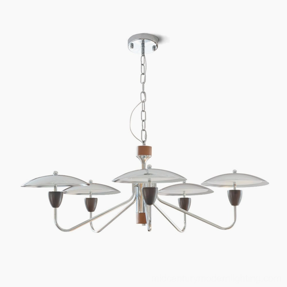 Peggy mid-century modern 5-head chrome chandelier with walnut wood center, overhead studio view showing polished chrome arms and frosted glass shades