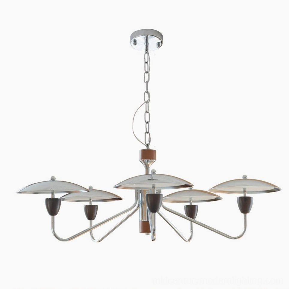 Peggy 5-head chrome and walnut wood chandelier, full product view showcasing 95cm diameter modern lighting fixture