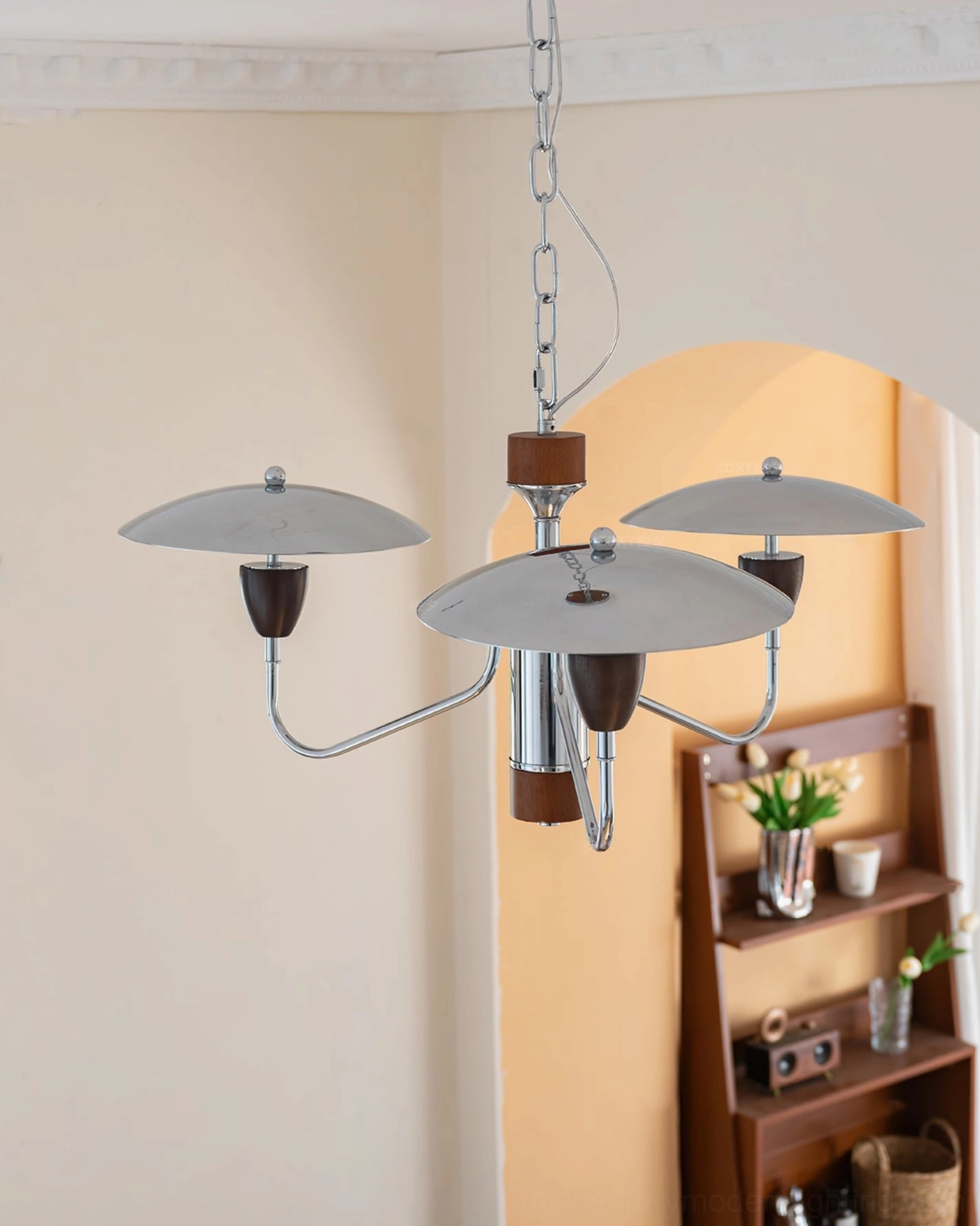 Peggy mid-century modern chrome chandelier with multiple light heads, geometric branching design showcasing sculptural form