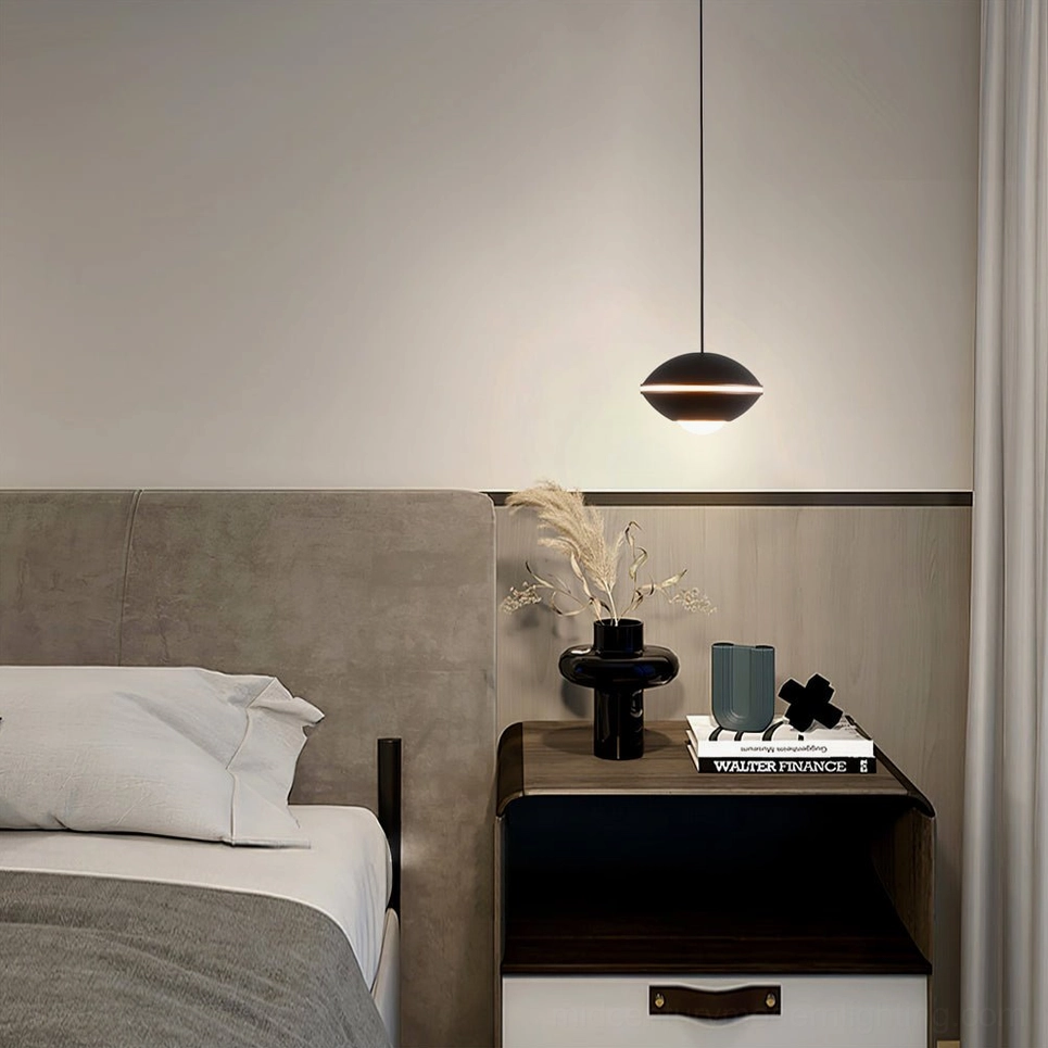 Modern pendant lamp with adjustable suspension, minimalist disc shade, contemporary design detail