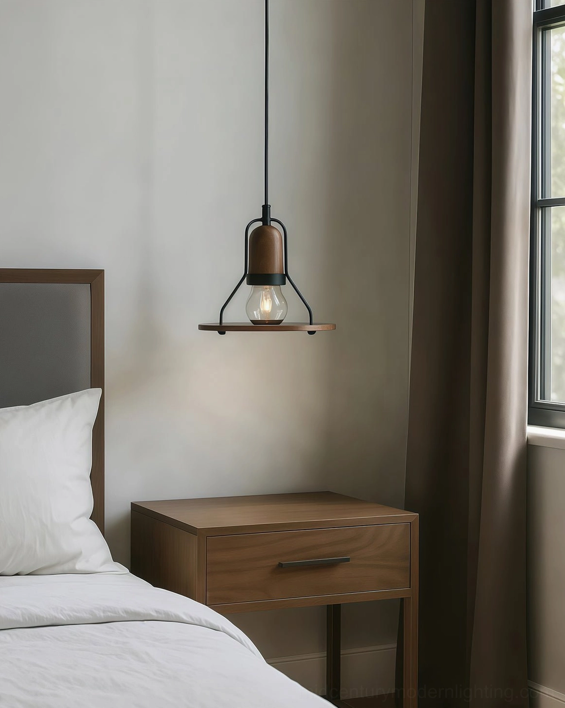 Lioren pendant lamp hanging in bedroom bedside setting, warm rustic bedroom decor with wooden elements
