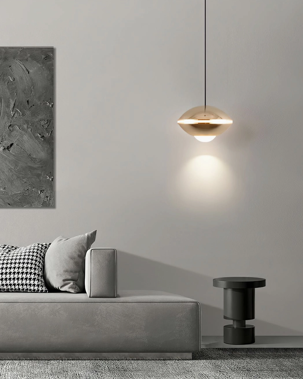 Modern pendant lamp with champagne metallic shade in contemporary sofa living area, warm downlight