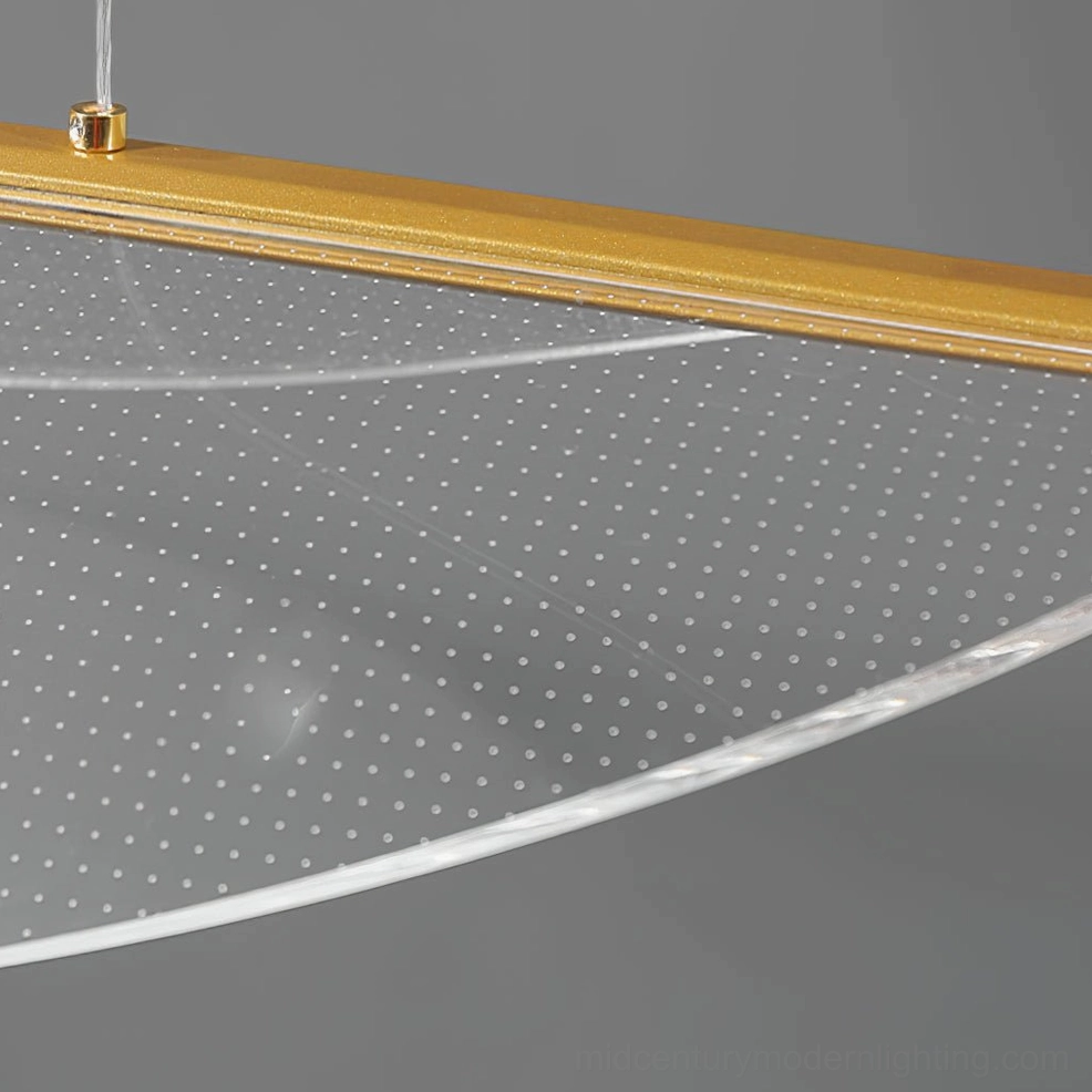 Hardware close-up of perforated frosted shade with gold metal ceiling fixture attachment