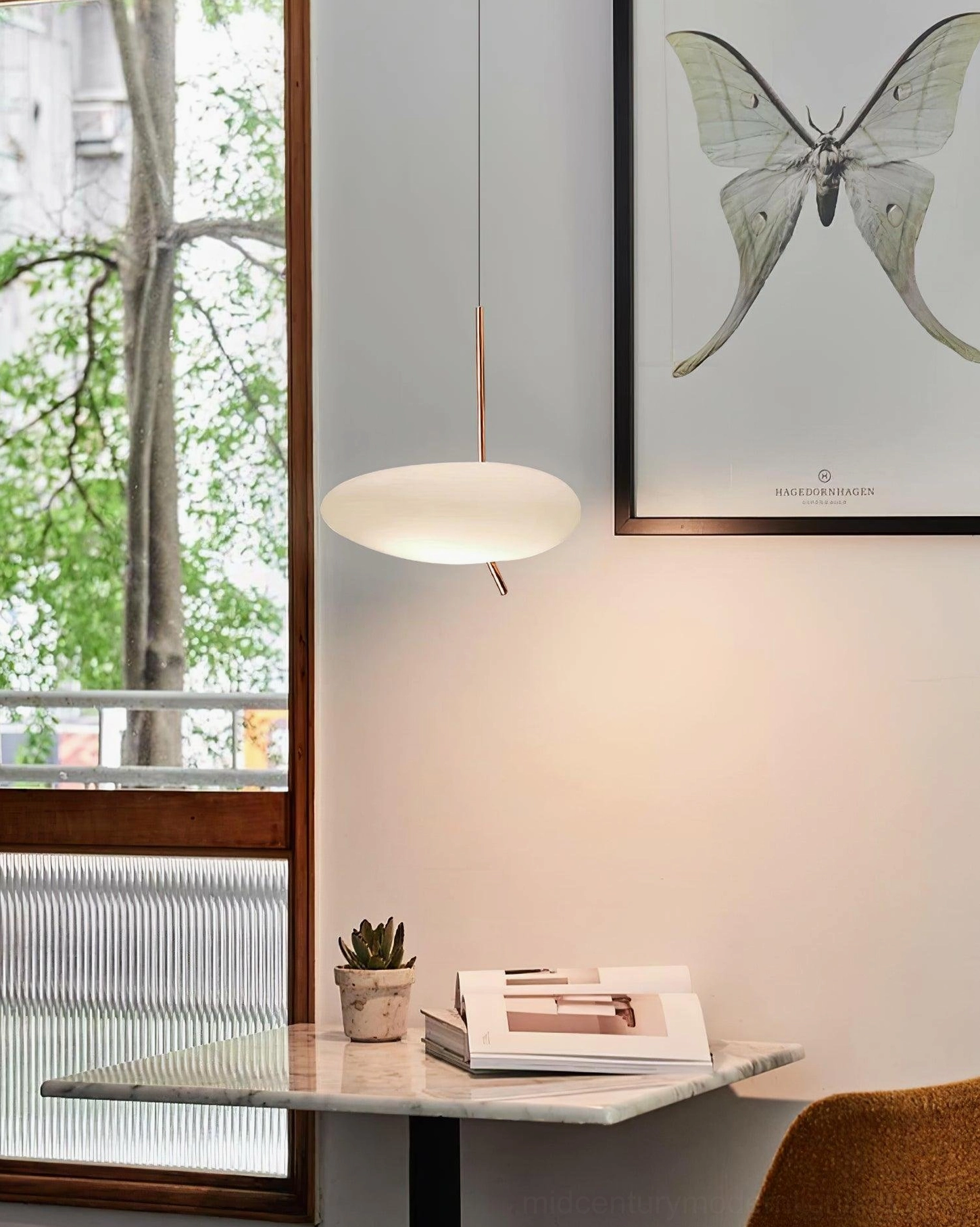 Modern pendant light in open wooden dining kitchen space, Nordic decor style matching warm wood tones