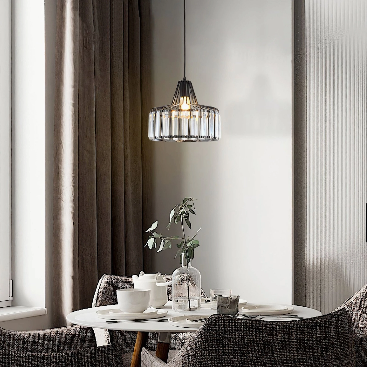 Black metal crystal cage pendant lamp suspended over cozy dining area with window natural light
