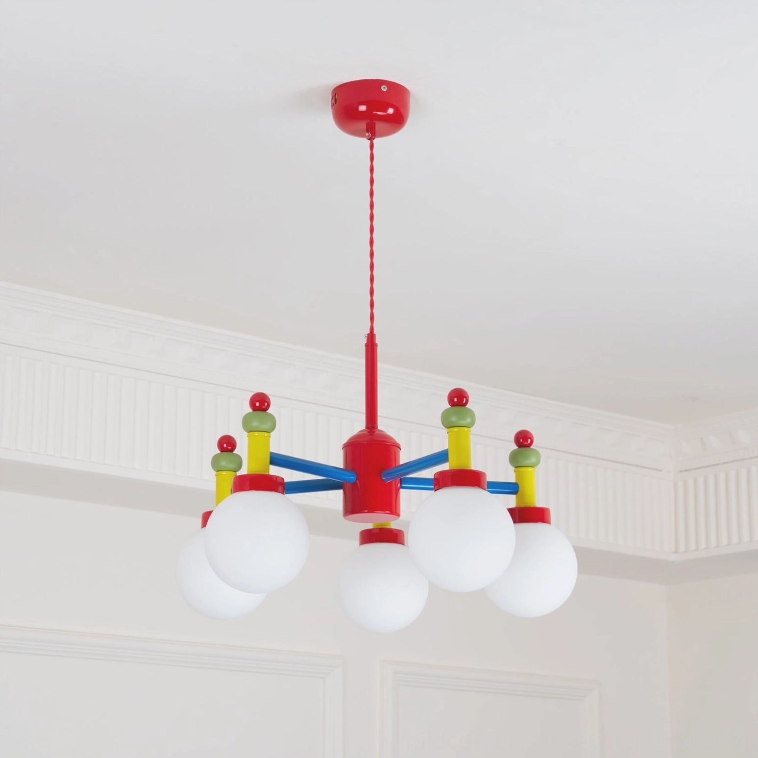 Colorful pendant fixture installation example in modern interior space