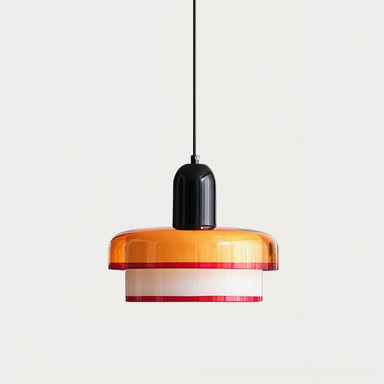 Retro color-block pendant light overhead view showing complete layered glass shade design