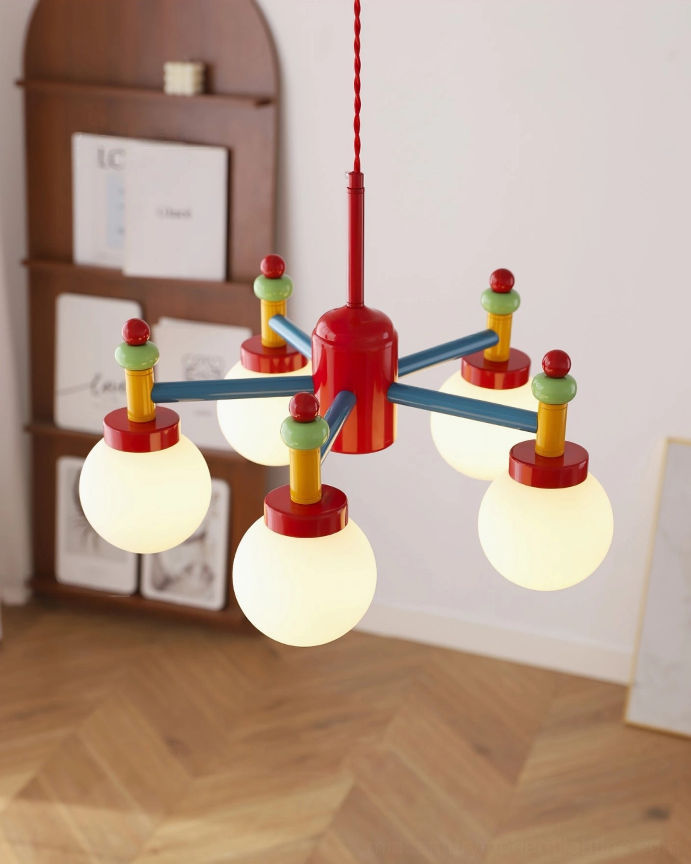Warm glowing colorful pendant light above wooden bookshelf classic design setup