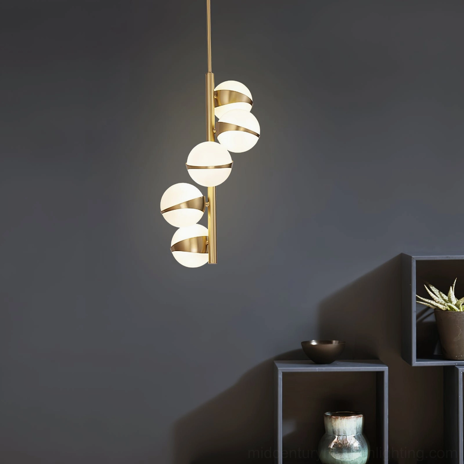 Grand Lustre pendant lighting fixture, brass and frosted glass design, contemporary home interior showcase