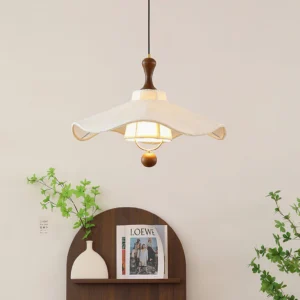 Pendolo pendant lamp hanging in home interior with wooden shelf and green plants, japandi style design