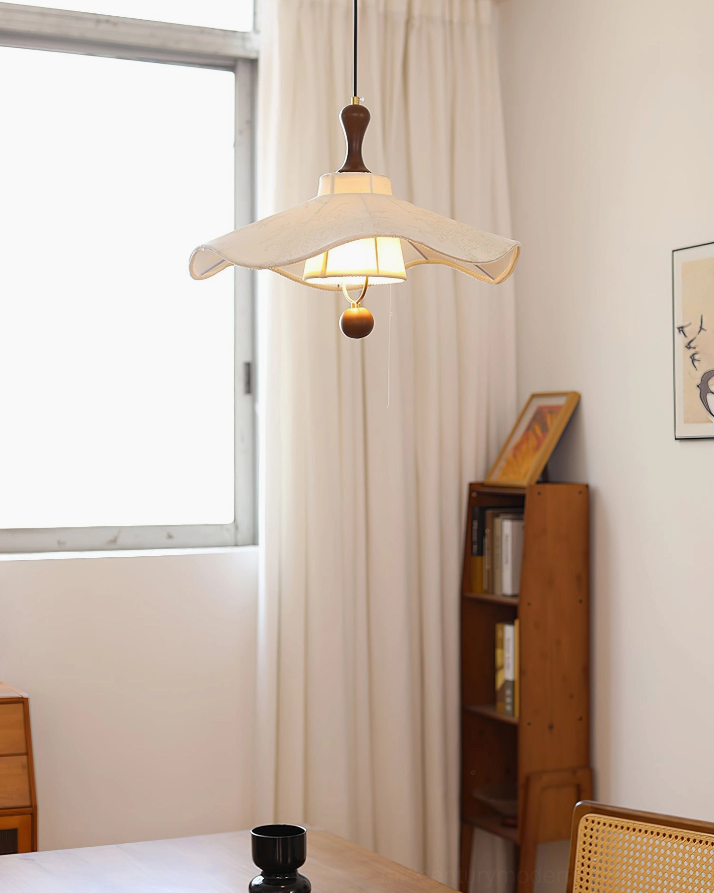 Pendolo fabric pendant hanging in rustic japandi dining room with wooden furniture