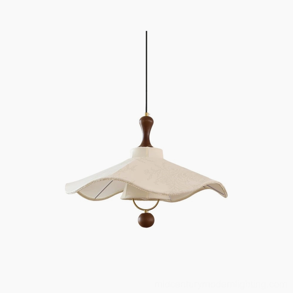 Pendolo pendant light ruffled fabric shade with wooden accent detail in modern interior