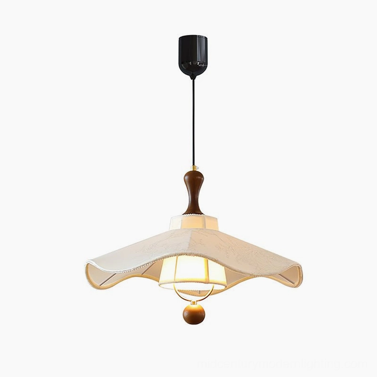 Pendolo fabric pendant light with embroidered shade and walnut wood fixtures, product showcase