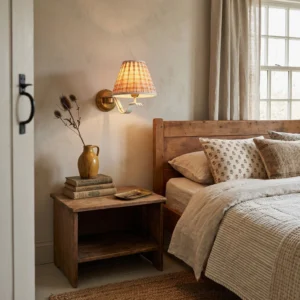 Penelope wall sconce installed in cozy rustic bedroom with warm brass hardware and neutral cottage interior decor