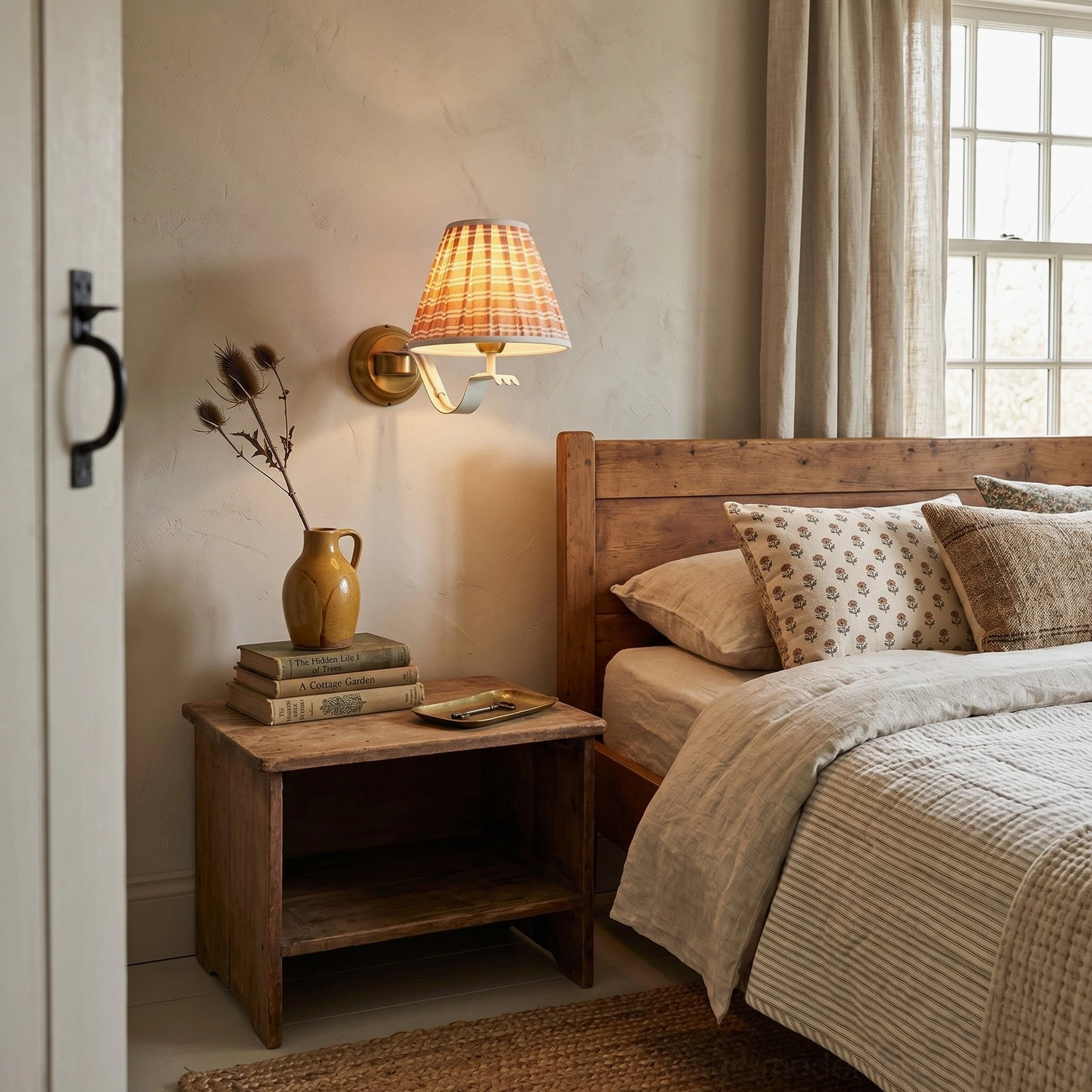 Penelope wall sconce installed in cozy rustic bedroom with warm brass hardware and neutral cottage interior decor