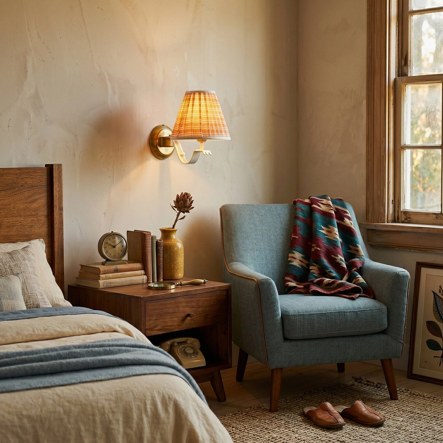 Penelope wall sconce in master bedroom with reading chair - warm rustic cozy home lighting