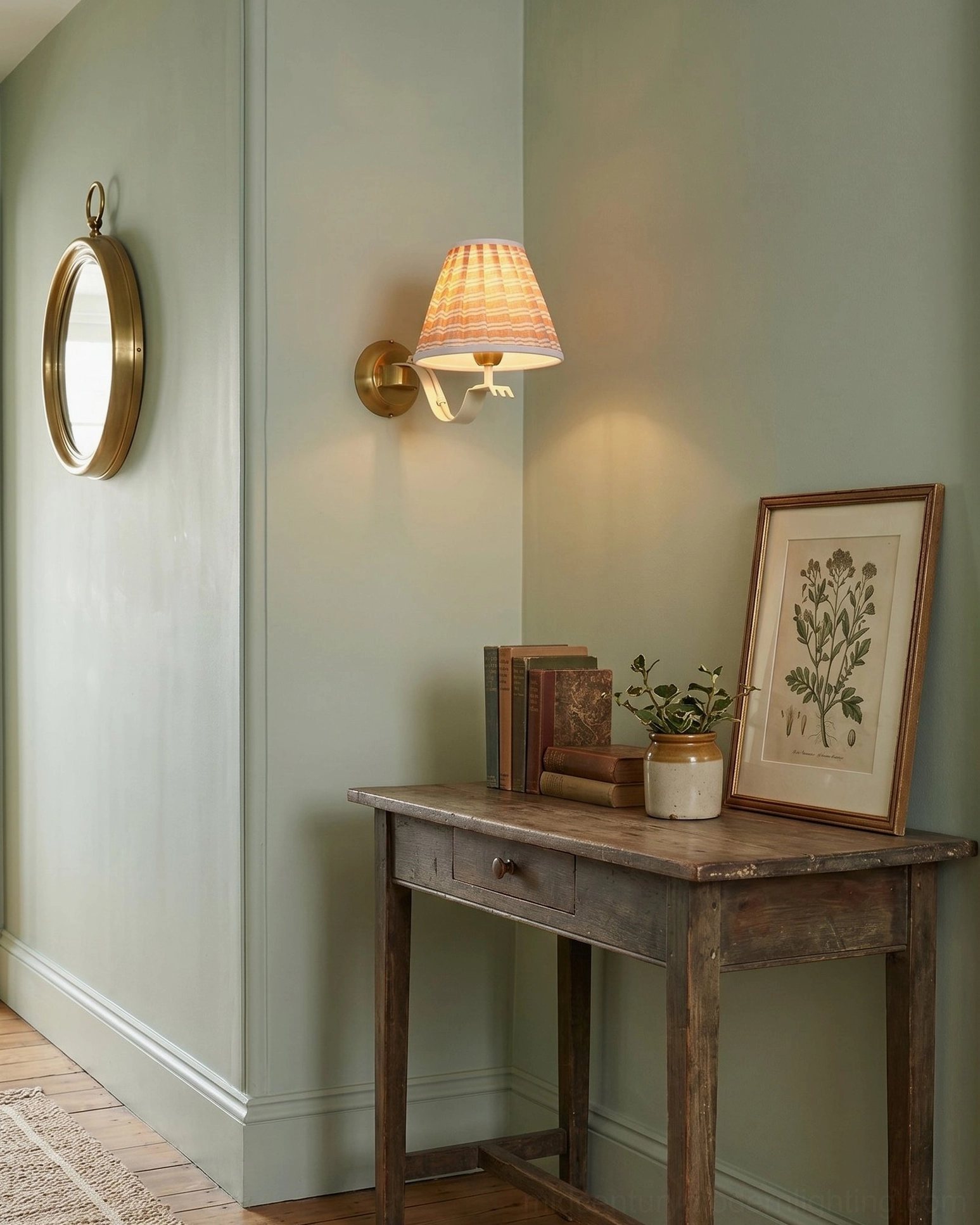 Penelope wall sconce accent lighting in small interior corner with sage green wall and vintage wooden side table