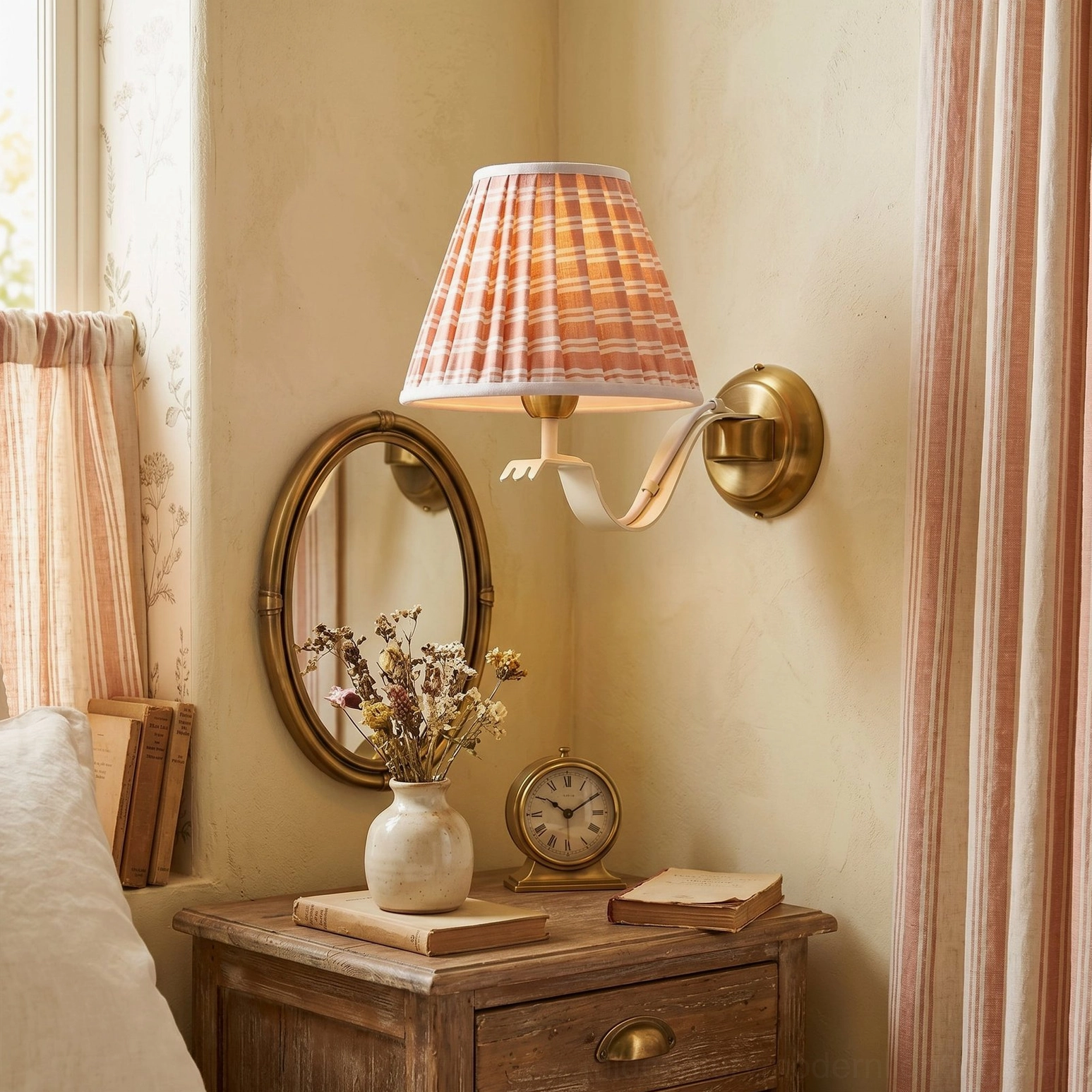 Penelope pleated wall sconce flanking bedroom vanity dressing area in classic cottage farmhouse style