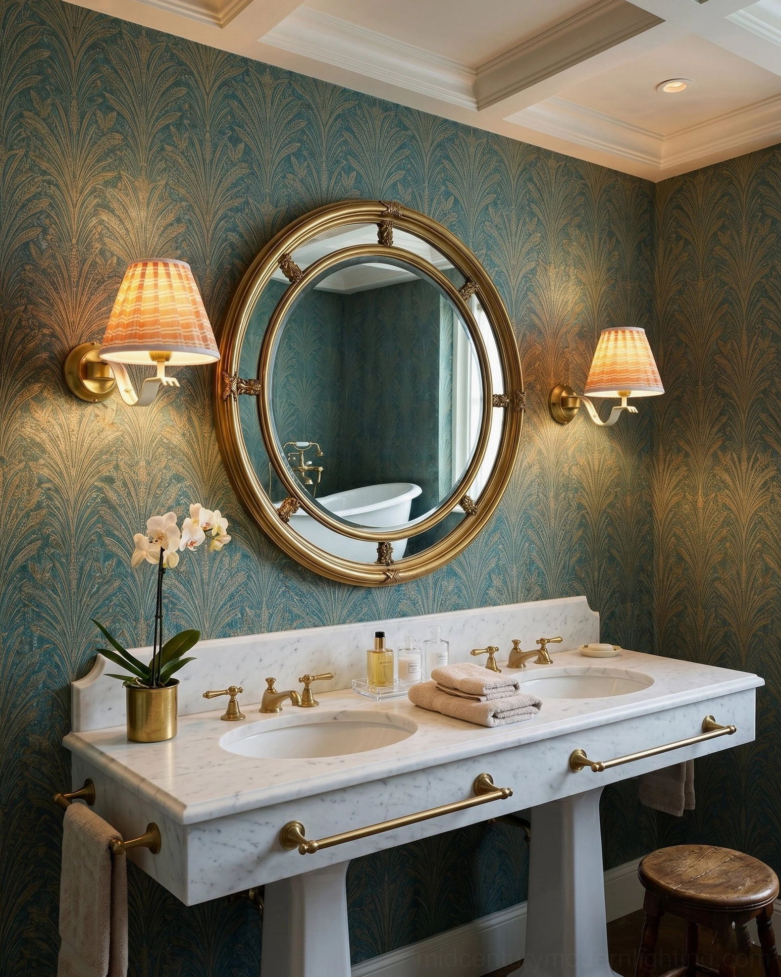Pair of Penelope pleated wall sconces in elegant bathroom vanity area with vintage cottage style patterned wallpaper