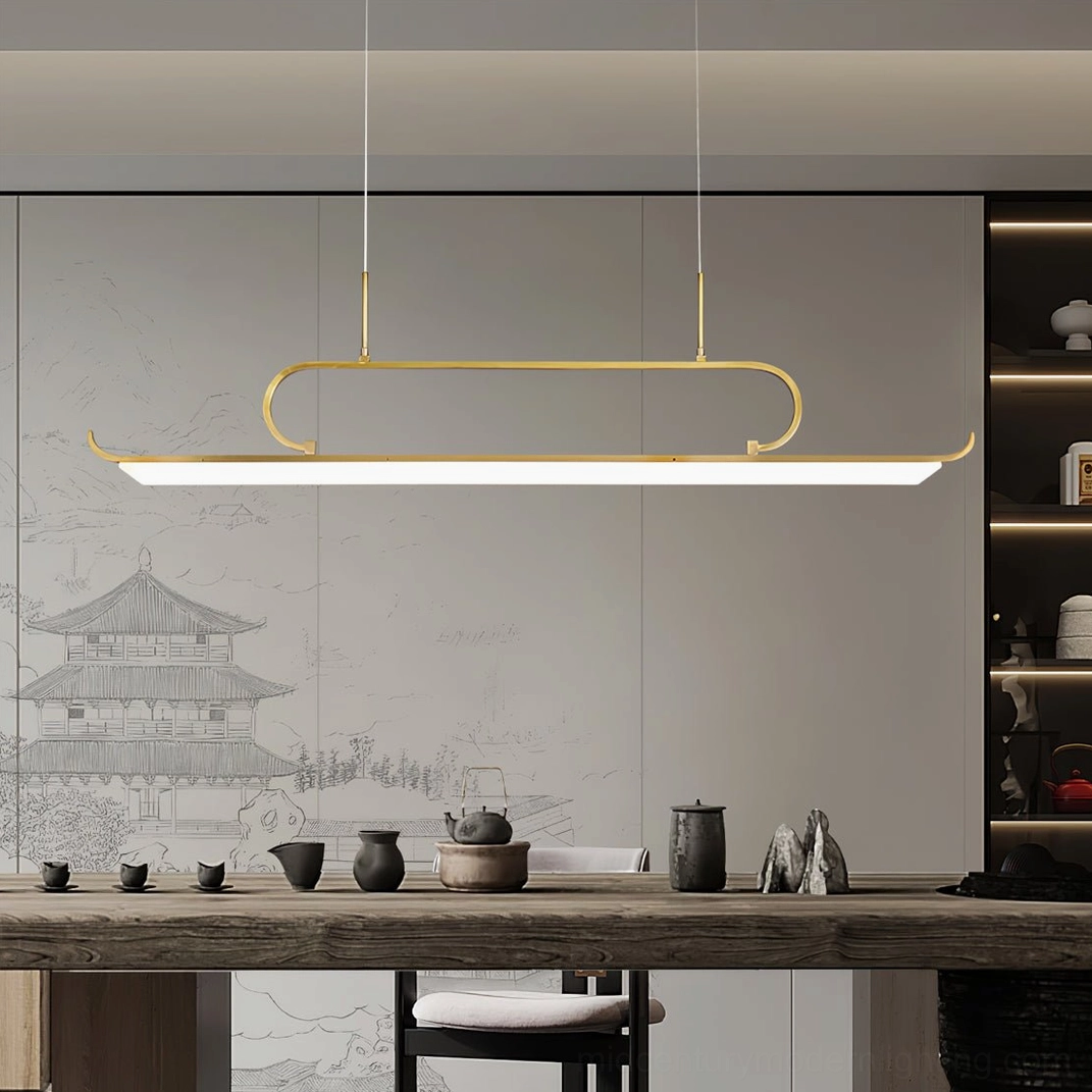 Penna LED chandelier in oriental tea room setting with wall mural, low angle view highlighting elongated linear form
