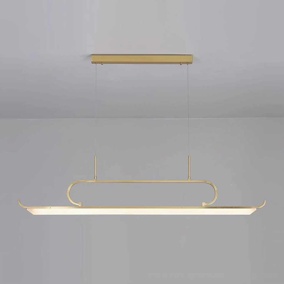 Penna linear LED chandelier low angle view with brass ceiling mount and minimalist oriental-inspired form