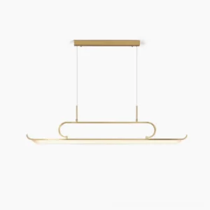 Penna linear LED chandelier with brass gold finish, frontal studio view showcasing minimalist mid-century modern design