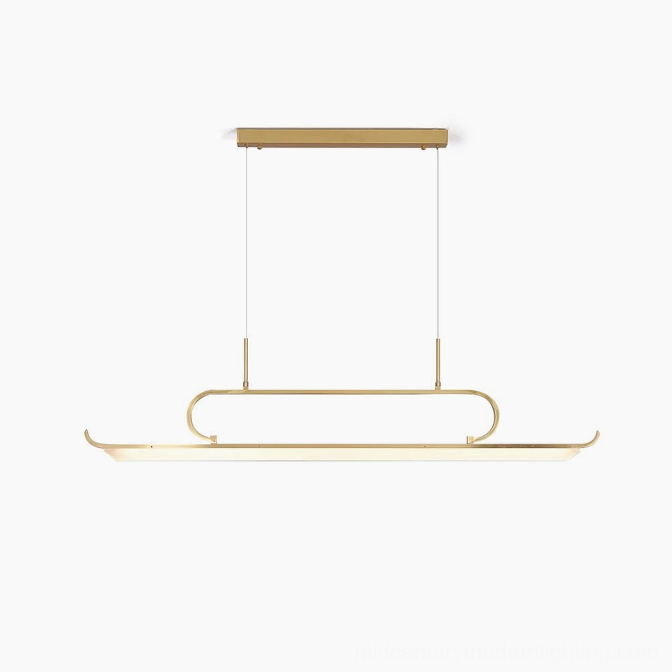 Penna linear LED chandelier with brass gold finish, frontal studio view showcasing minimalist mid-century modern design