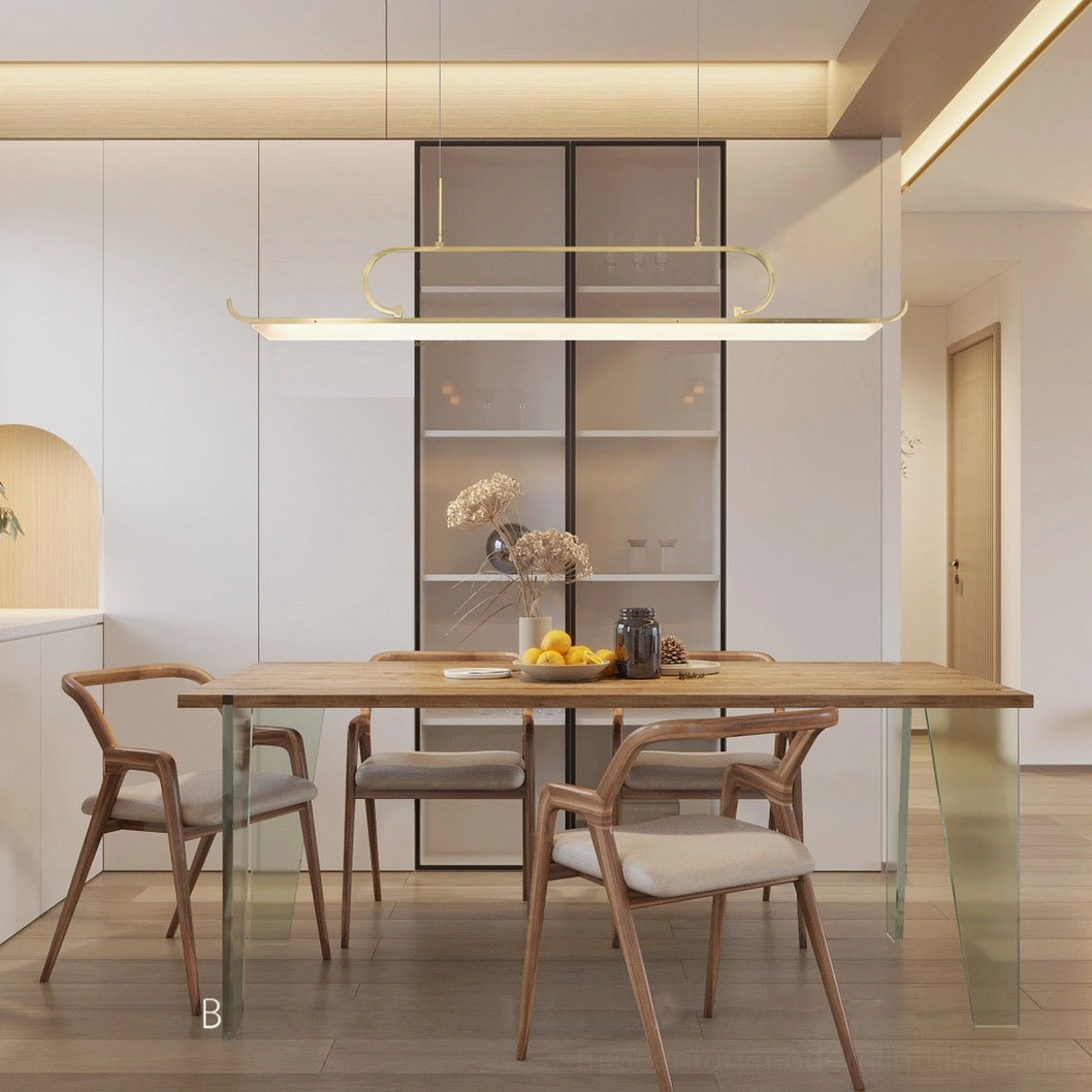 Penna pendant light in contemporary home dining kitchen with light wood furniture and warm interior ambiance