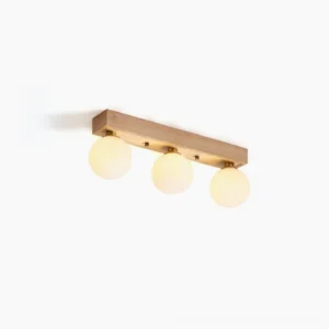 Penta 3-head wood ceiling light with frosted glass globes and brass hardware on white background
