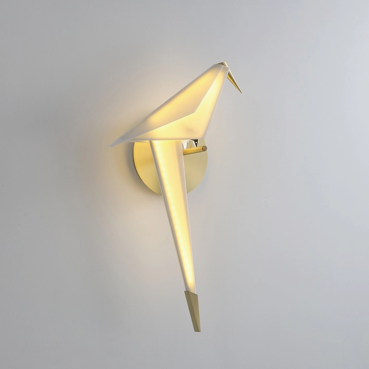 Perching bird wall lamp adjustable design showing articulating arm positioning capability in modern mid-century setting