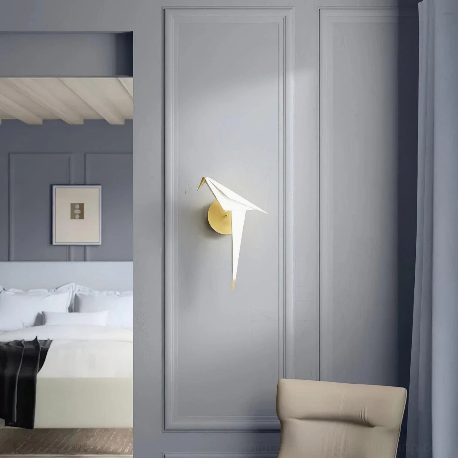Adjustable perching bird wall lamp mounted on grey bedroom wall creating warm ambient lighting in modern interior setting