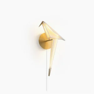 Perching Bird wall lamp with brass gold metal base frontal view against white background warm LED light