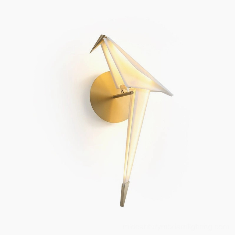 Gold finish perching bird wall lamp with integrated warm LED providing elegant accent lighting in Scandinavian modern design